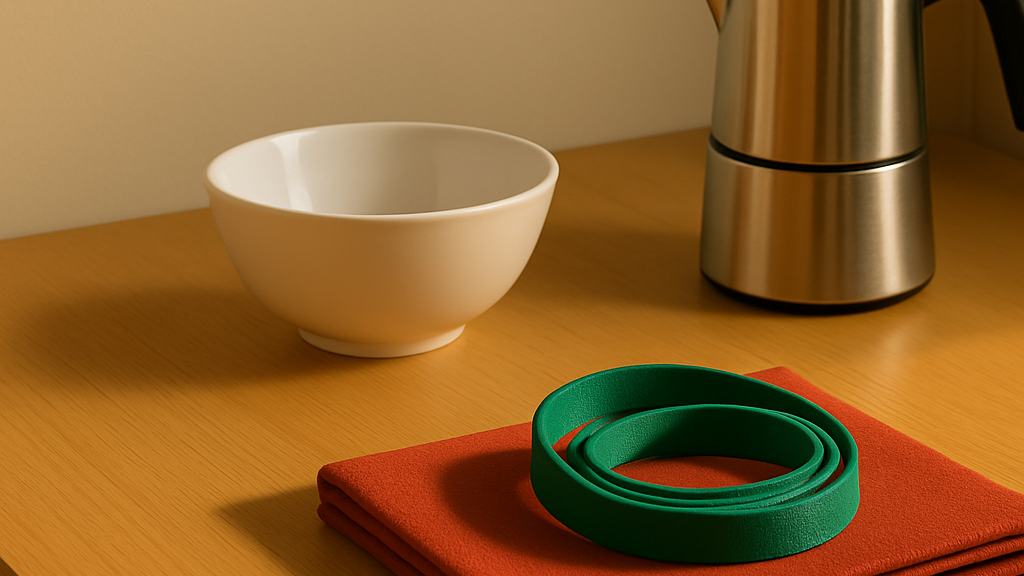 Sur la table de la cuisine, un bol vide, la cafetière fermée et le garrot vert posé sur une serviette.