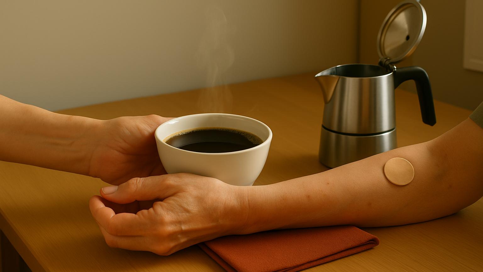 Après la prise de sang, un pansement rond au bras, les mains du patient autour d'un bol de café fumant.