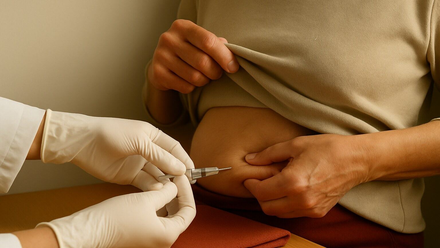 Une injection sous la peau du ventre, le patient tient son pull relevé.