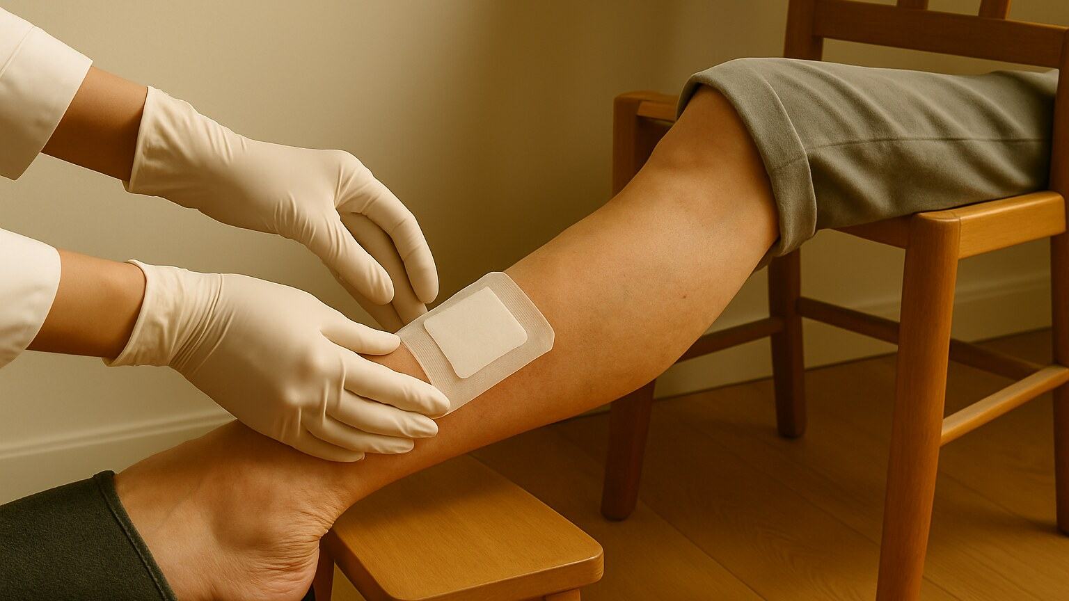 Un pansement posé sur la jambe d'un patient assis sur une chaise de cuisine, gants blancs.