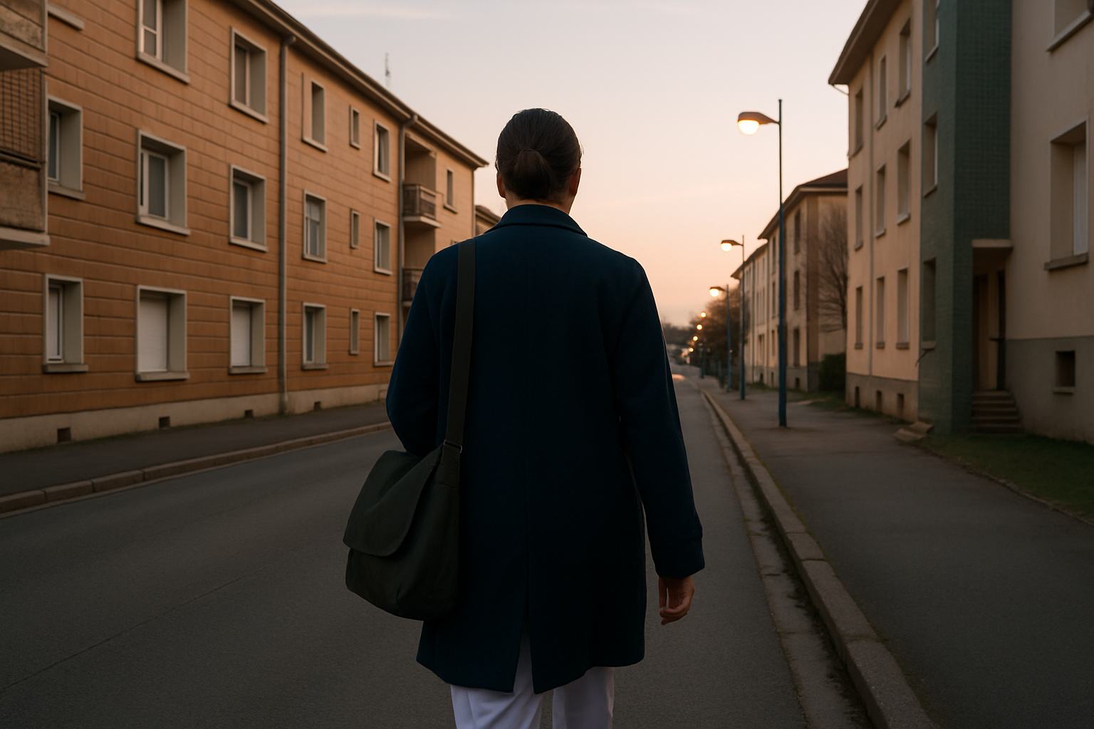 À l'aube, dans une rue du Mans sud, une infirmière de dos part vers son premier patient, la sacoche à l'épaule.